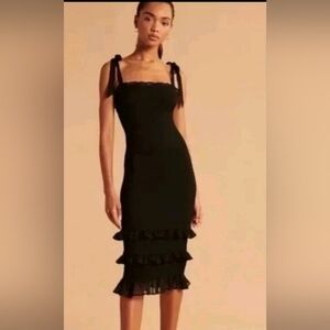 Abercrombie & Fitch Blk Smocked Tie Strap Midi Dress M Vacation Ballet Wedding